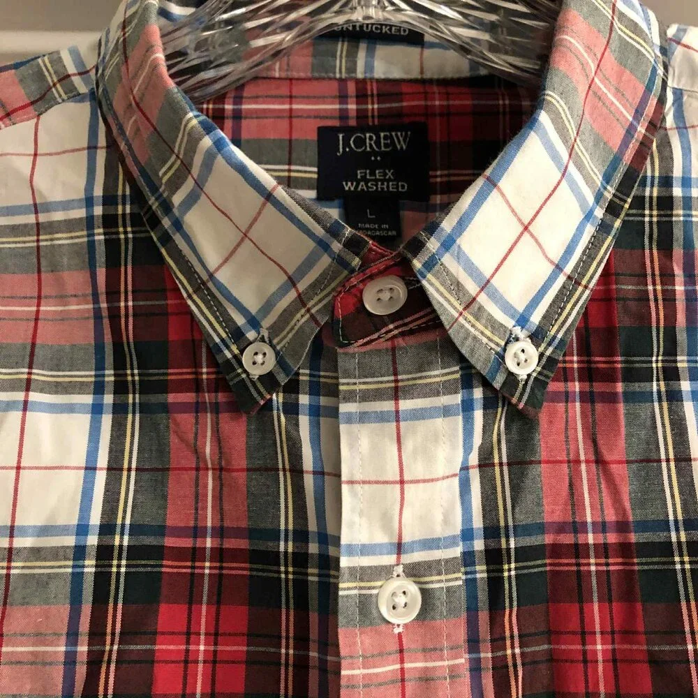 J. CREW Red Madras Plaid Slim Untucked Flex Washed Button Down Shirt L